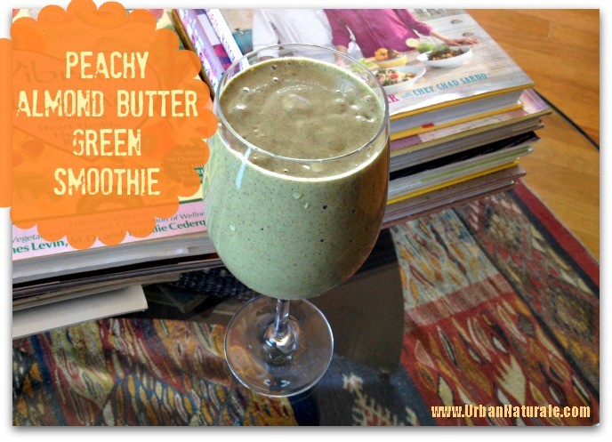 Peachy Almond Butter Green Superfood Smoothie by Urban Naturale - featured at Natural Family Friday