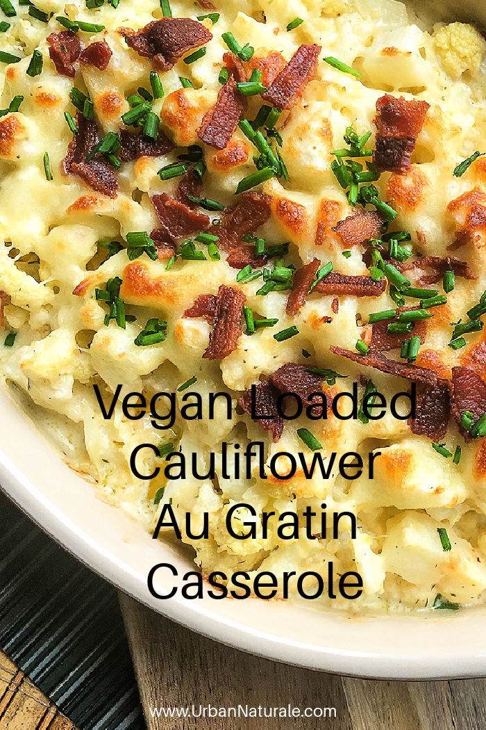 Vegan Loaded Cauliflower Au Gratin Casserole  - This creamy, cheesy, vegan cauliflower au gratin casserole is a mouthwatering way to enjoy cauliflower. Once baked, this steamy cauliflower casserole is sprinkled with chives and ready to eat!  #vegan  #veganrecipe  #vegancauliflower  #cauliflowercasserole  #veganfood